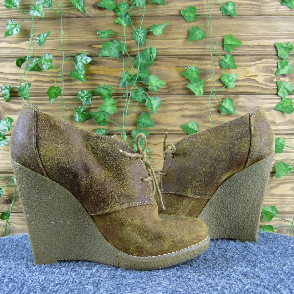Enzo Angiolini Flory Women 8 Brown Leather Lace Up Wedge Ankle Boots‎ Stylish